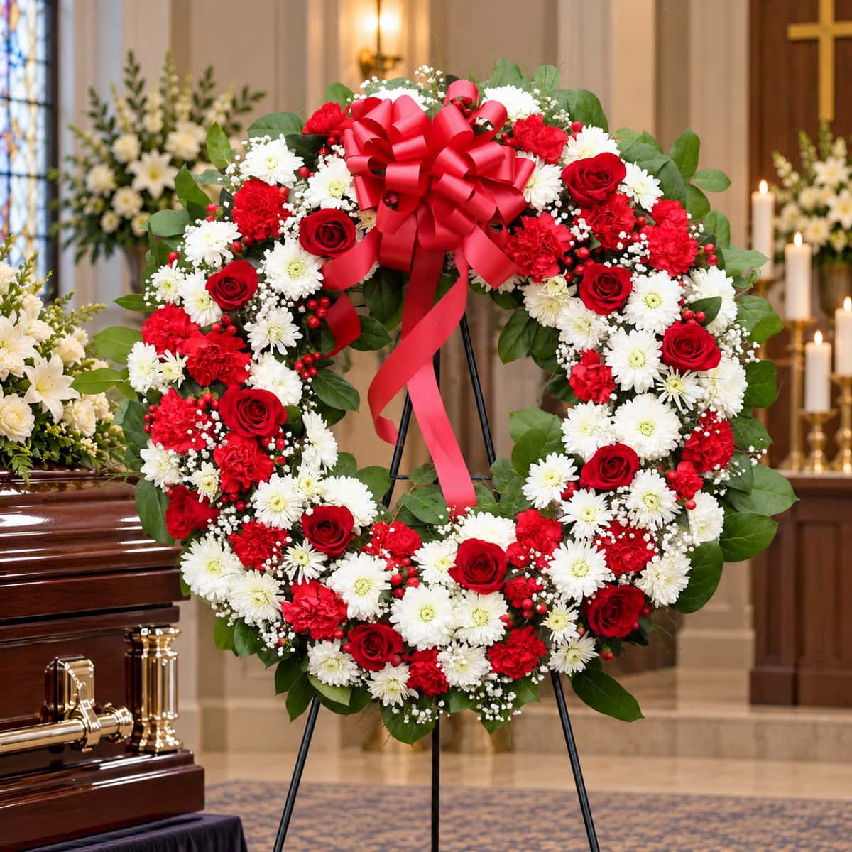 Premium 28-inch red and white funeral wreath with red roses, carnations, white chrysanthemums, baby's breath and a large red bow beside a casket.
