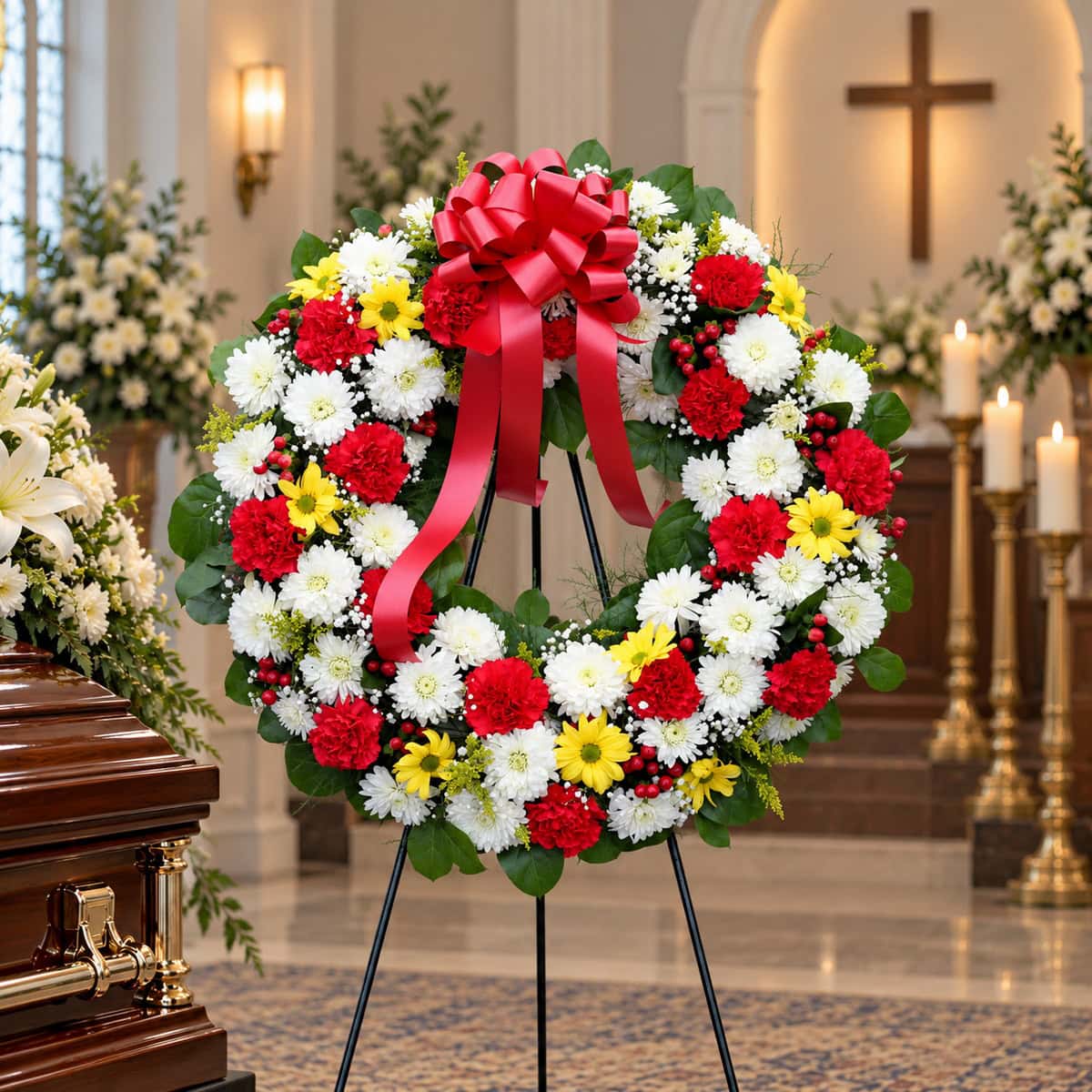 Deluxe 25-inch red, yellow and white Traditional Funeral Wreath with red carnations, yellow daisies, white chrysanthemums and red bow beside a casket.