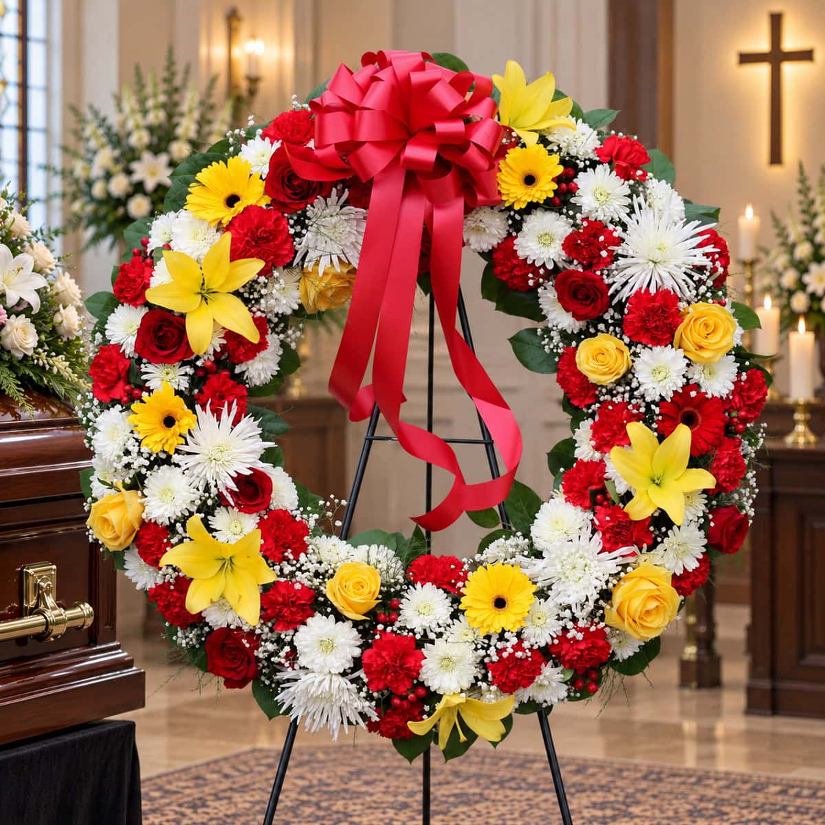 Exquisite 30-inch red, yellow and white funeral wreath with yellow lilies, red and yellow roses, gerbera daisies, carnations and white chrysanthemums.