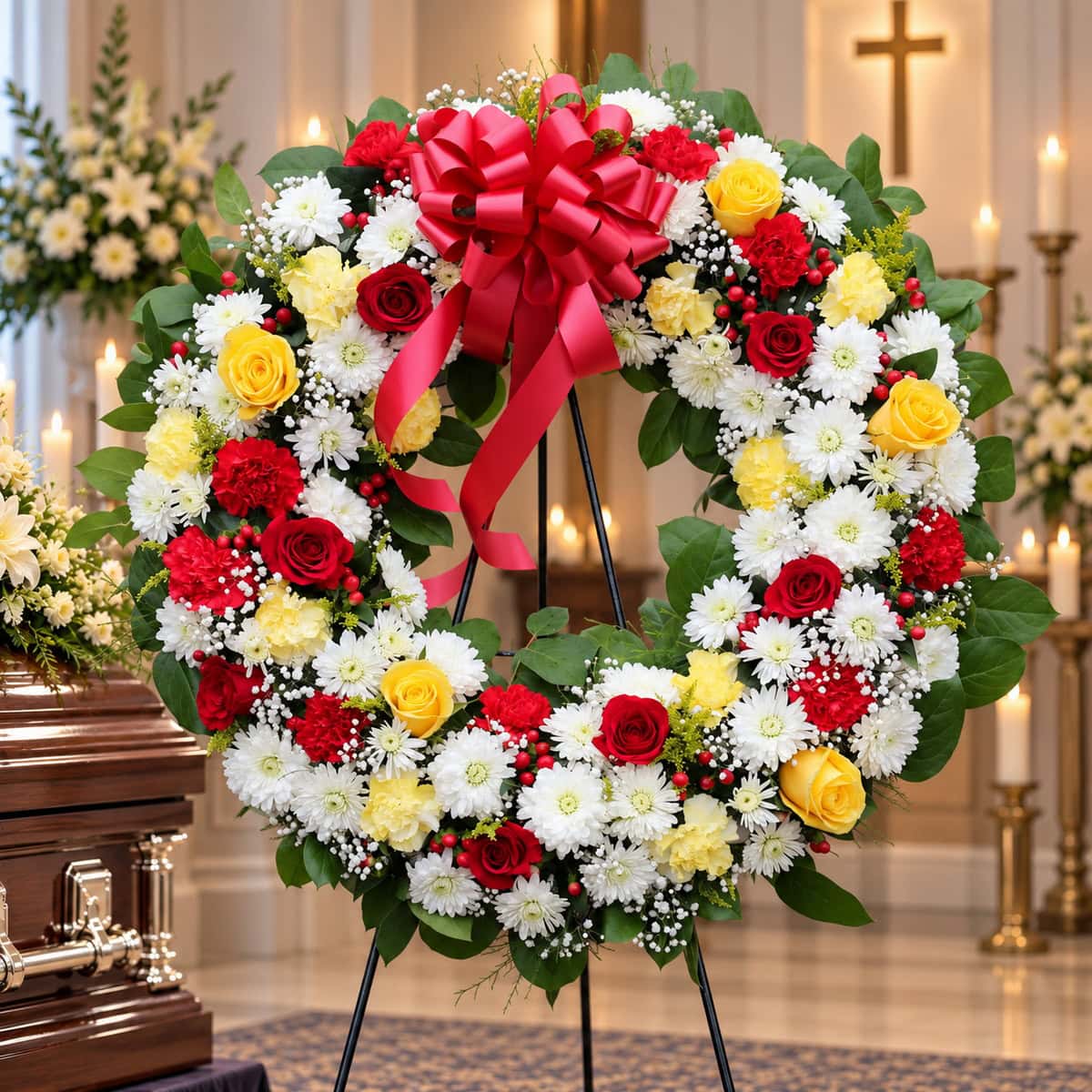 Premium 28-inch Traditional Funeral Wreath with red and yellow roses, red carnations, white chrysanthemums, baby's breath and large red bow.