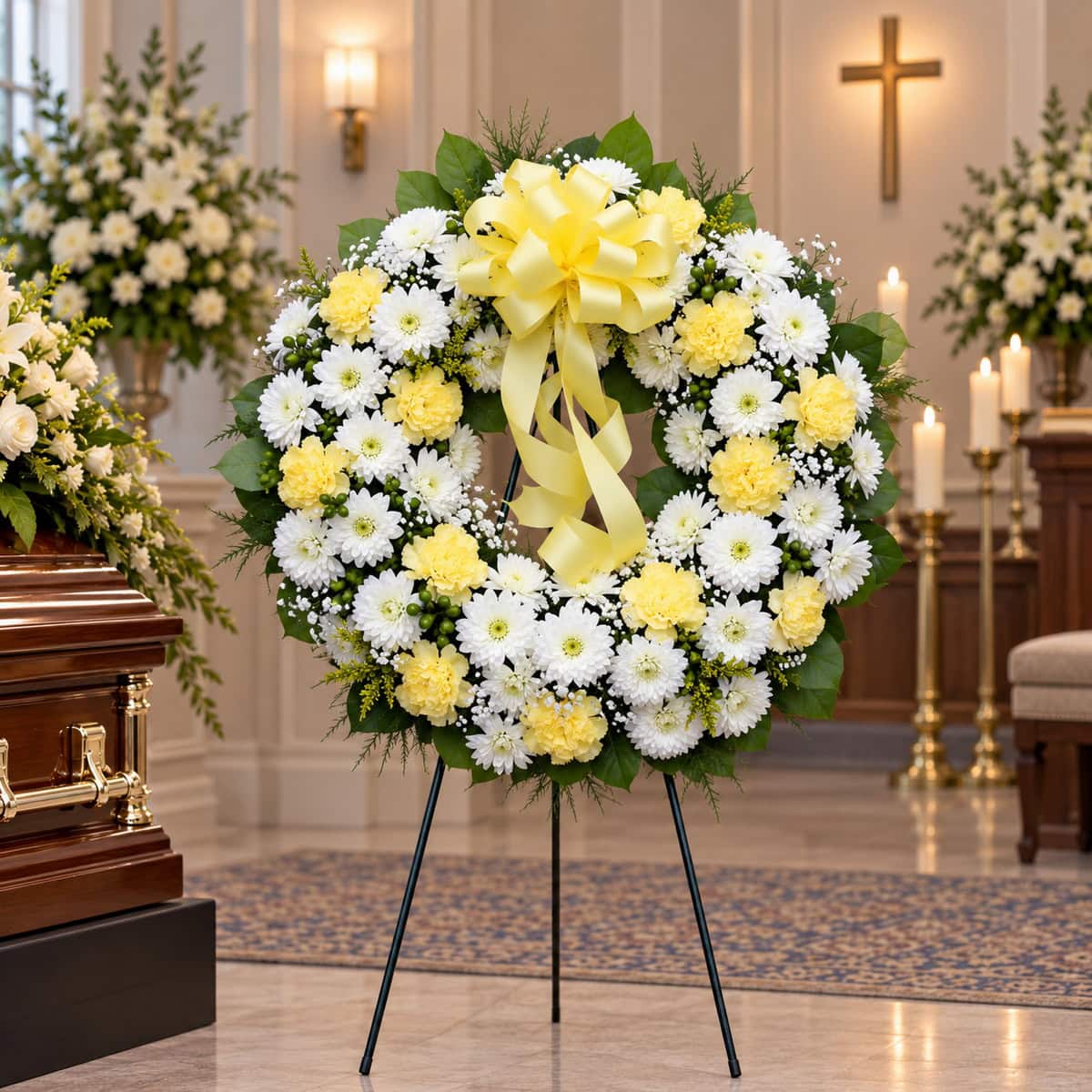 Deluxe 25-inch yellow and white Traditional Funeral Wreath with yellow carnations, white chrysanthemums, greenery and a yellow ribbon bow.
