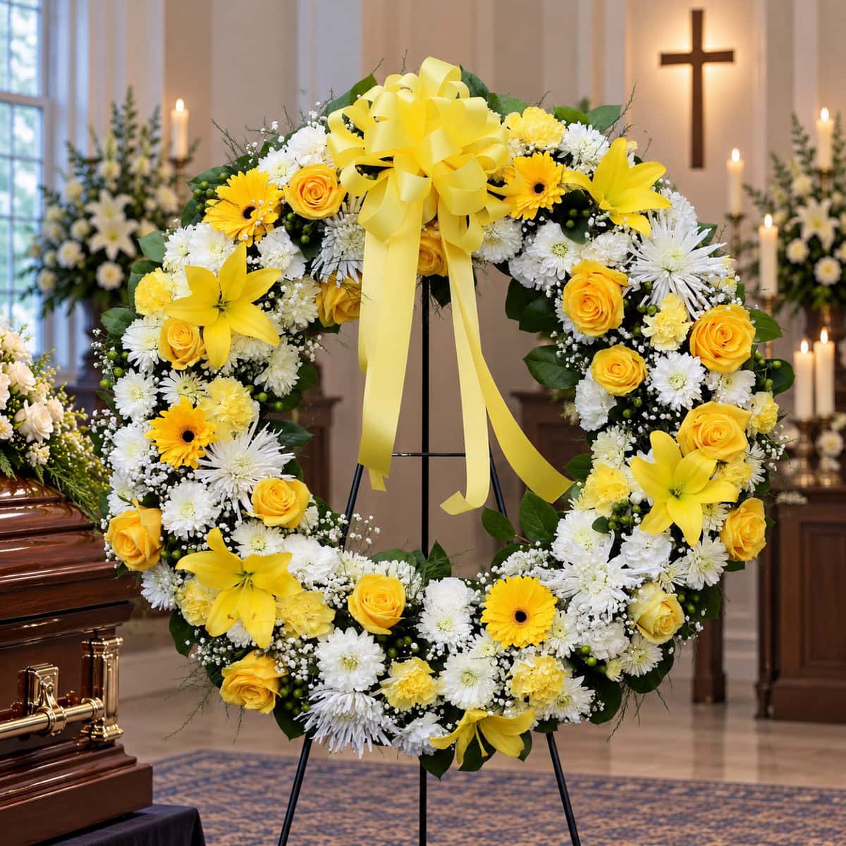 Exquisite 30-inch yellow and white funeral wreath with yellow lilies, roses, gerbera daisies, carnations and white chrysanthemums.