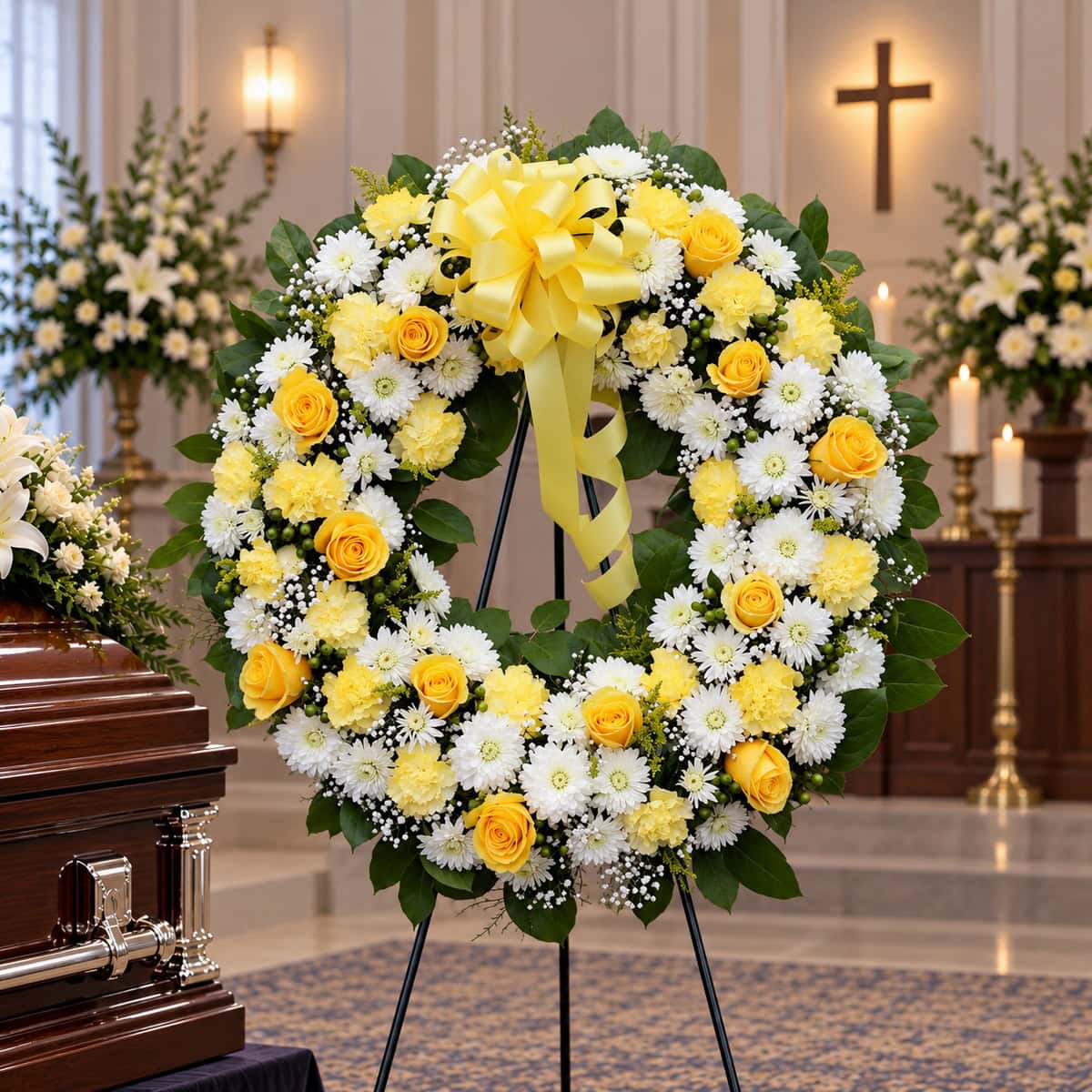 Premium 28-inch Traditional Funeral Wreath with yellow roses, yellow carnations, white chrysanthemums and a large yellow ribbon bow.